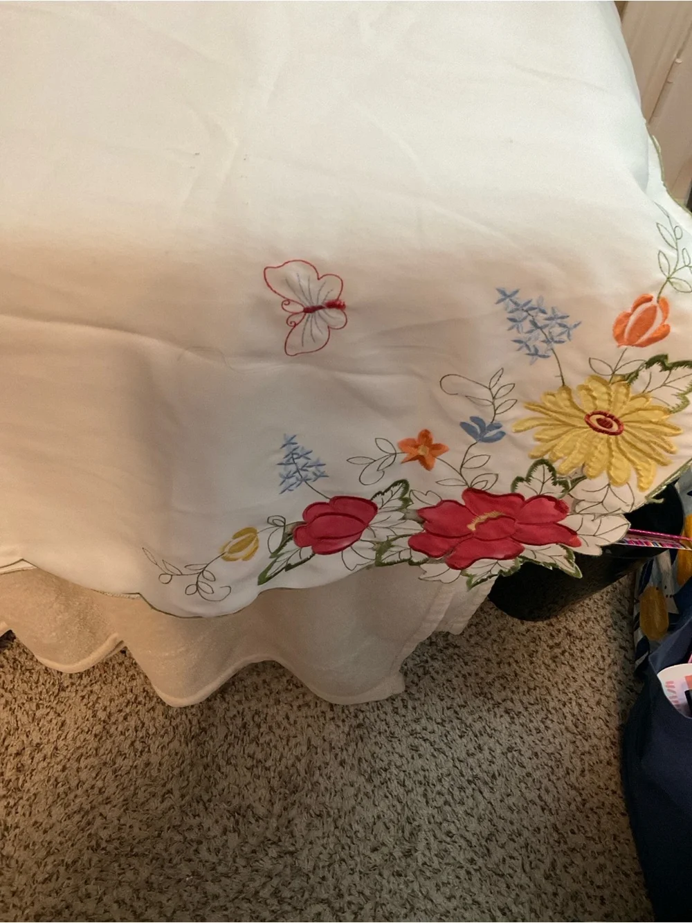 Embroidered Floral White Tablecloth with Multicolor Accents